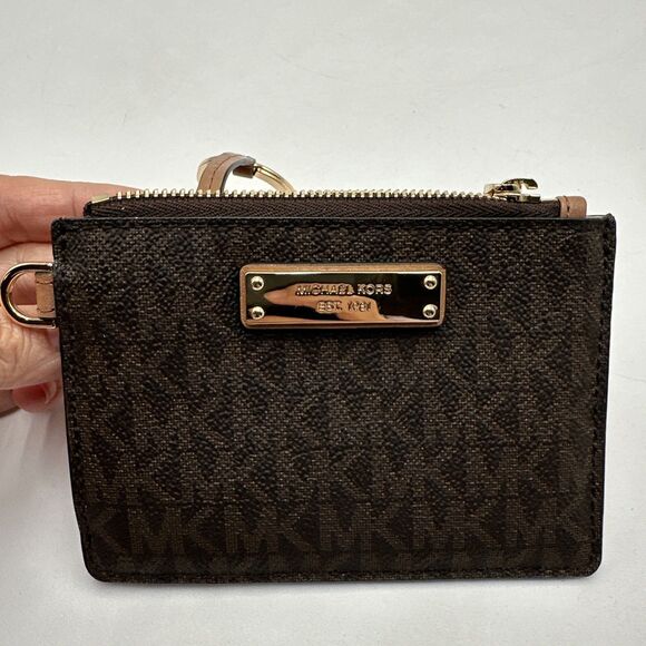 Michael Kors Wristlet Card Case Coin Purse Brown Logo Zip Small Wallet No Strap - Picture 2 of 8